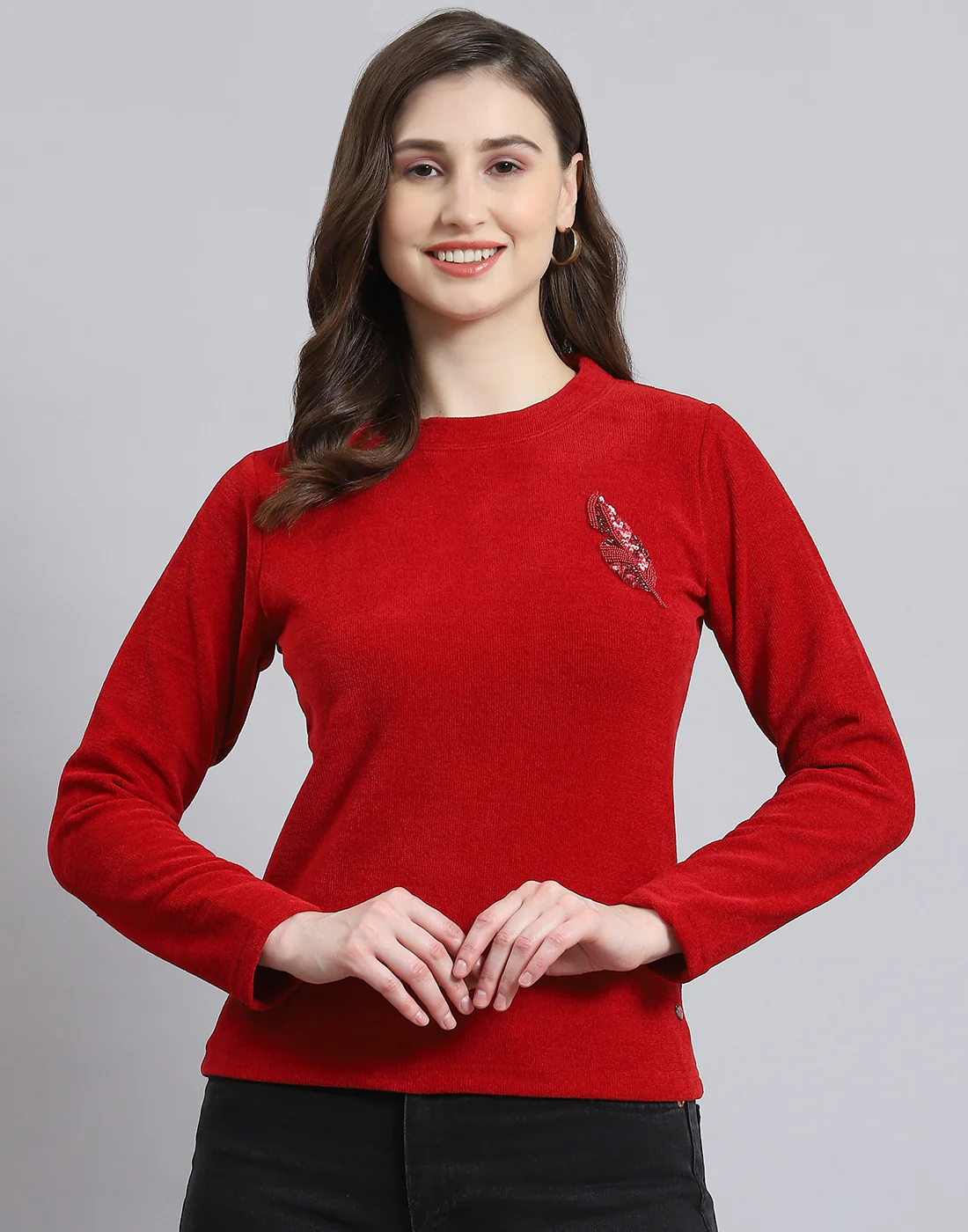 Women Red Embroidered Round Neck Full Sleeve Sweater - Image 3
