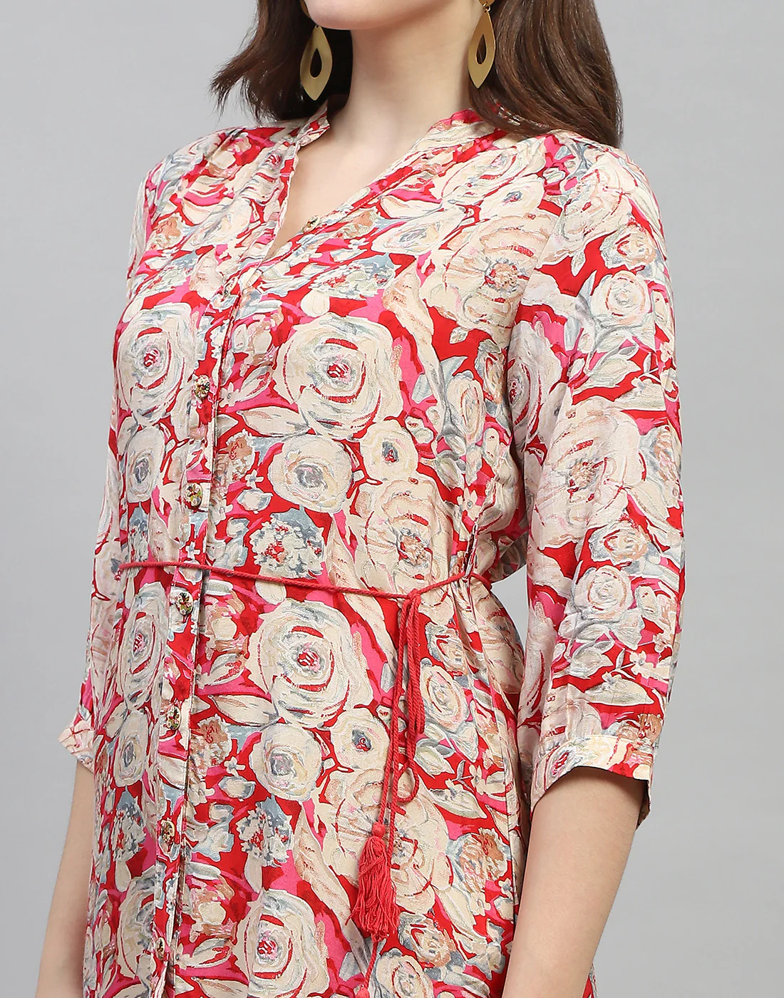 Women Red Floral Print V Neck 3/4 Sleeve Dress - Image 2