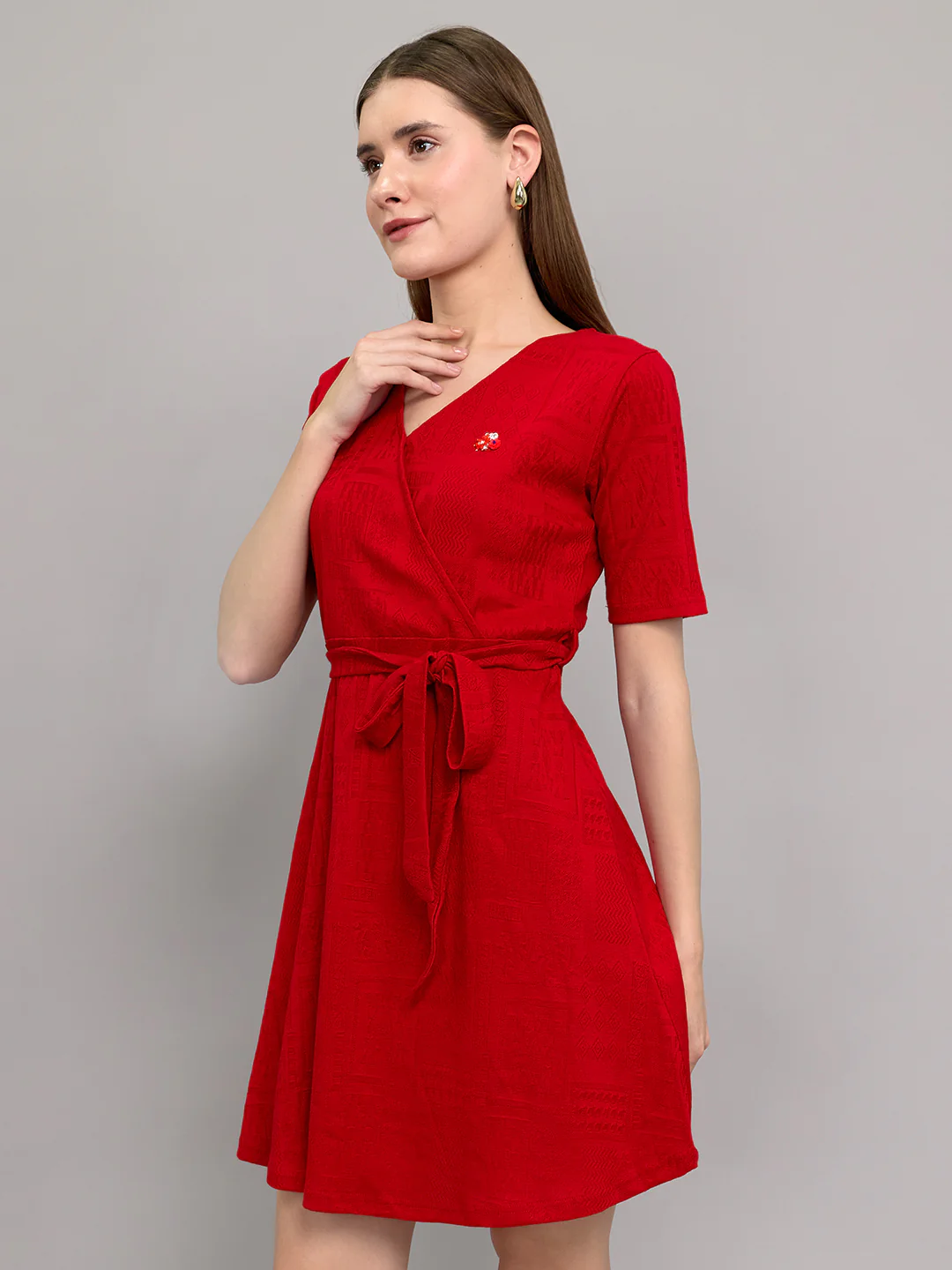 Women Red Jacquard V Neck Half Sleeve Dress - Image 3