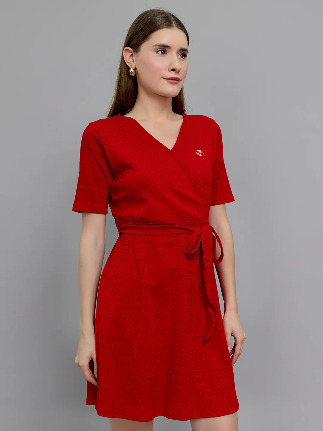 Women Red Jacquard V Neck Half Sleeve Dress - Image 5
