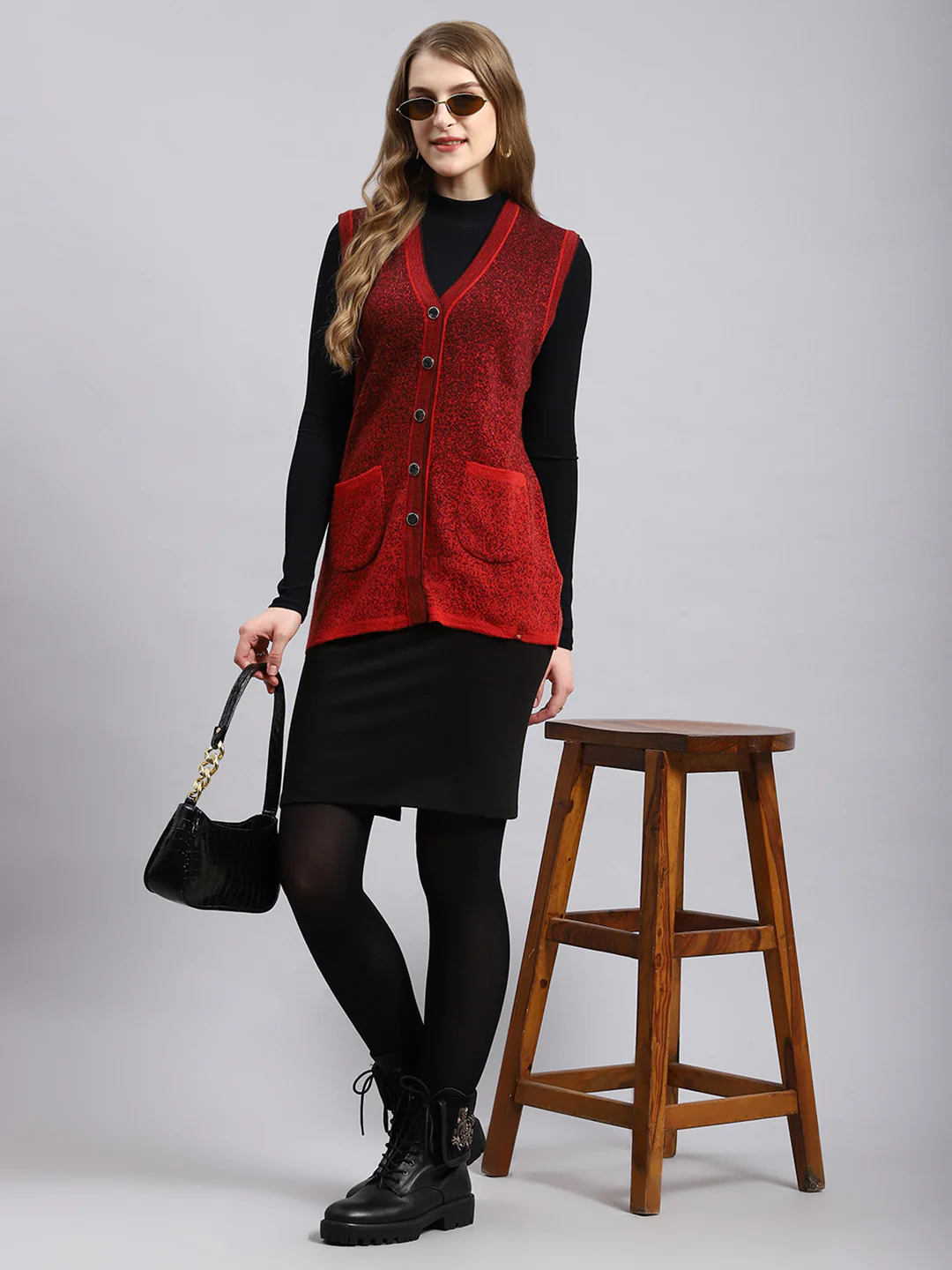 Women Red Jaquard Cardigan - Image 2