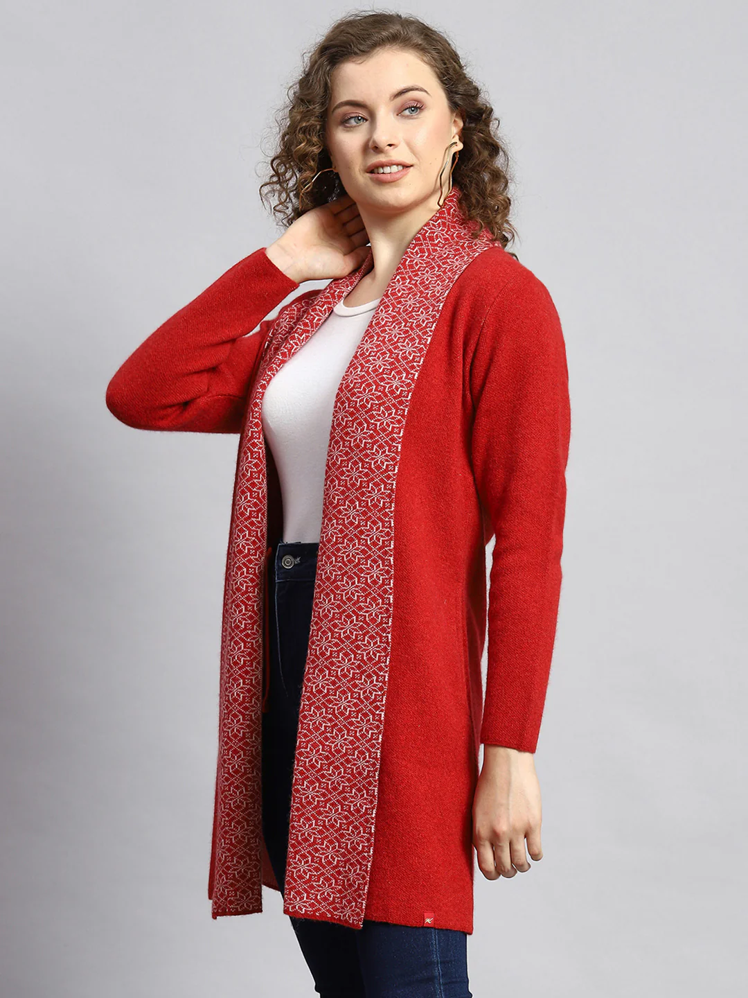 Women Red Jaquard Cardigan - Image 4
