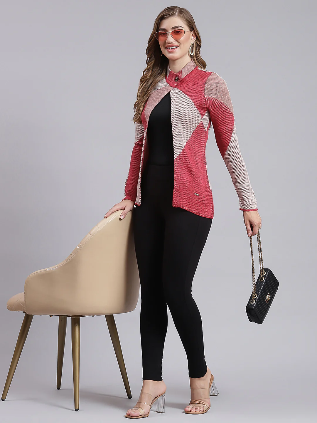 Women Red Jaquard Wool blend Cardigan - Image 2