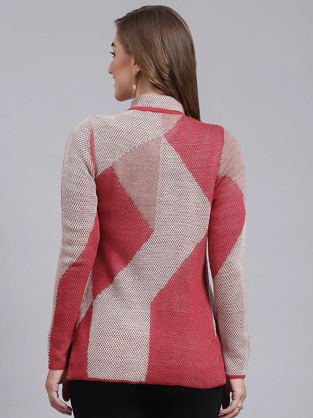 Women Red Jaquard Wool blend Cardigan - Image 5