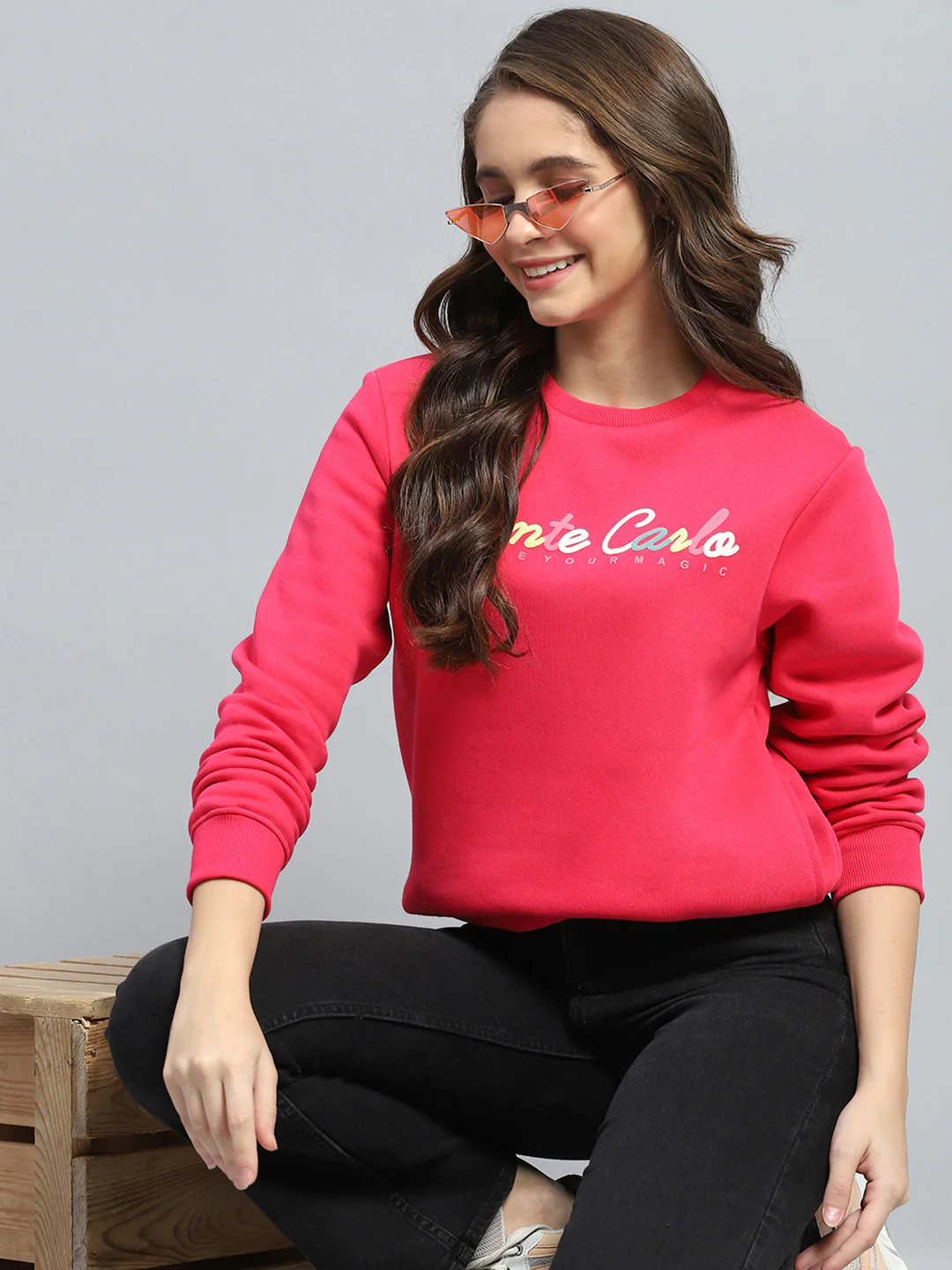 Women Red Printed Round Neck Full Sleeve Sweatshirt - Image 6