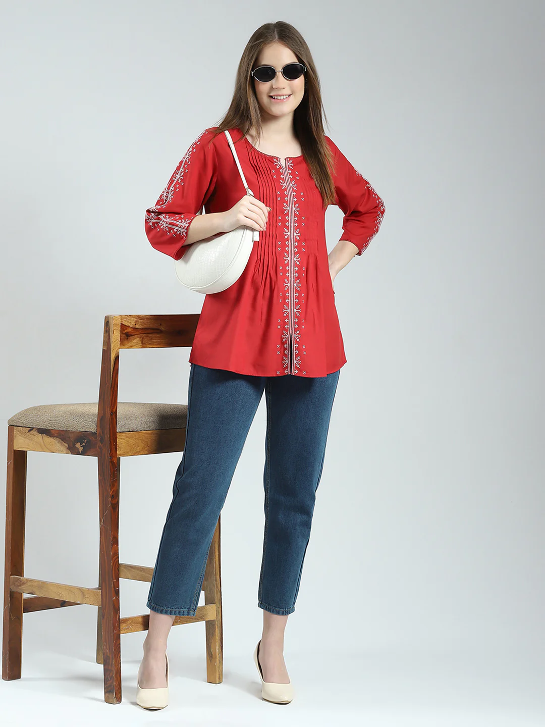 Women Red Printed Round Neck 3/4th Sleeve Top - Image 2