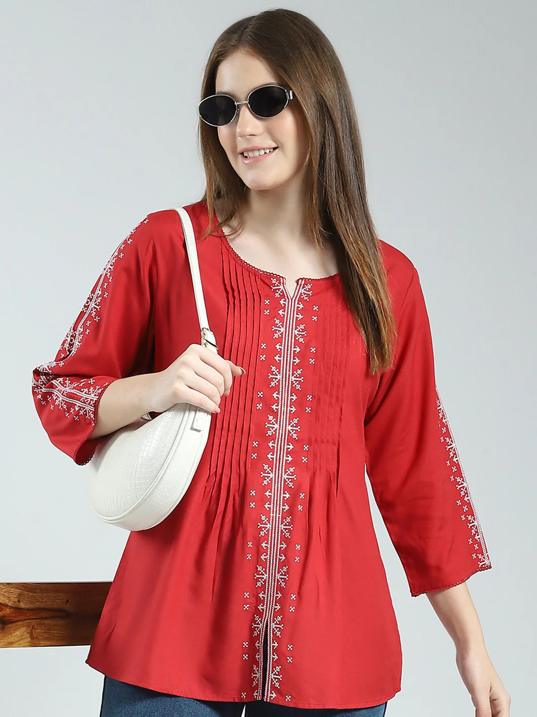 Women Red Printed Round Neck 3/4th Sleeve Top - Image 6
