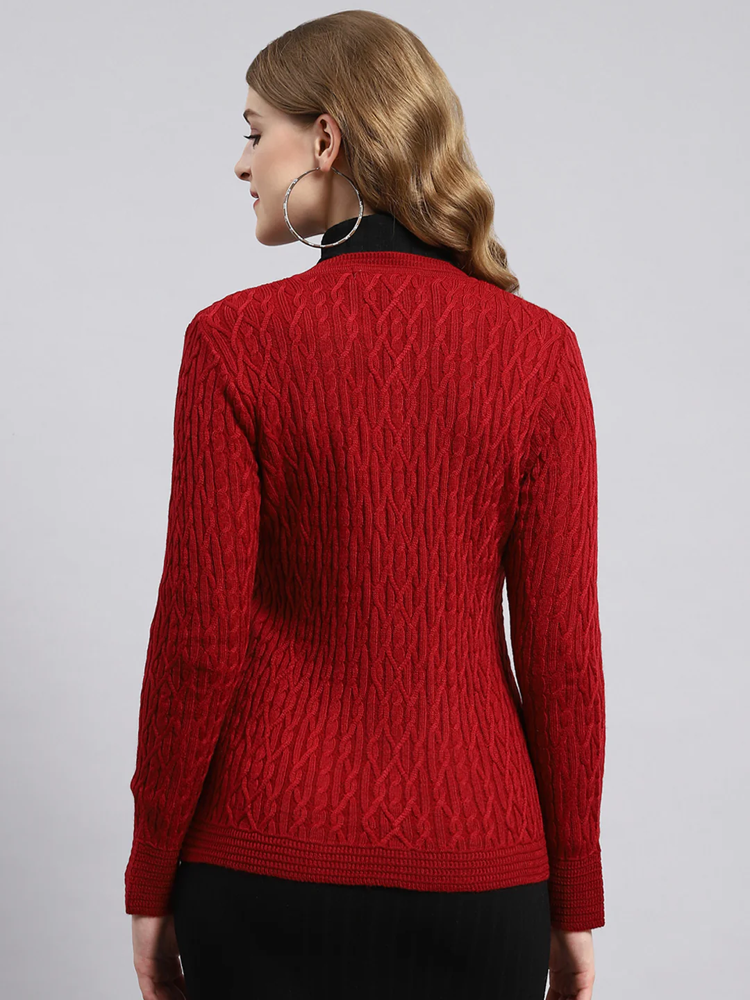 Women Red Self Cardigan - Image 4