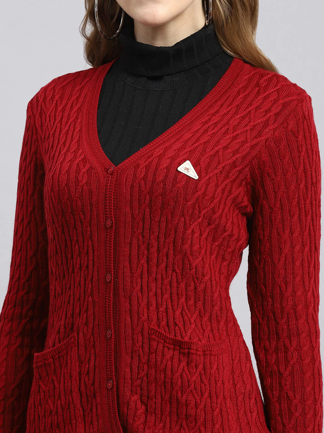 Women Red Self Cardigan - Image 6