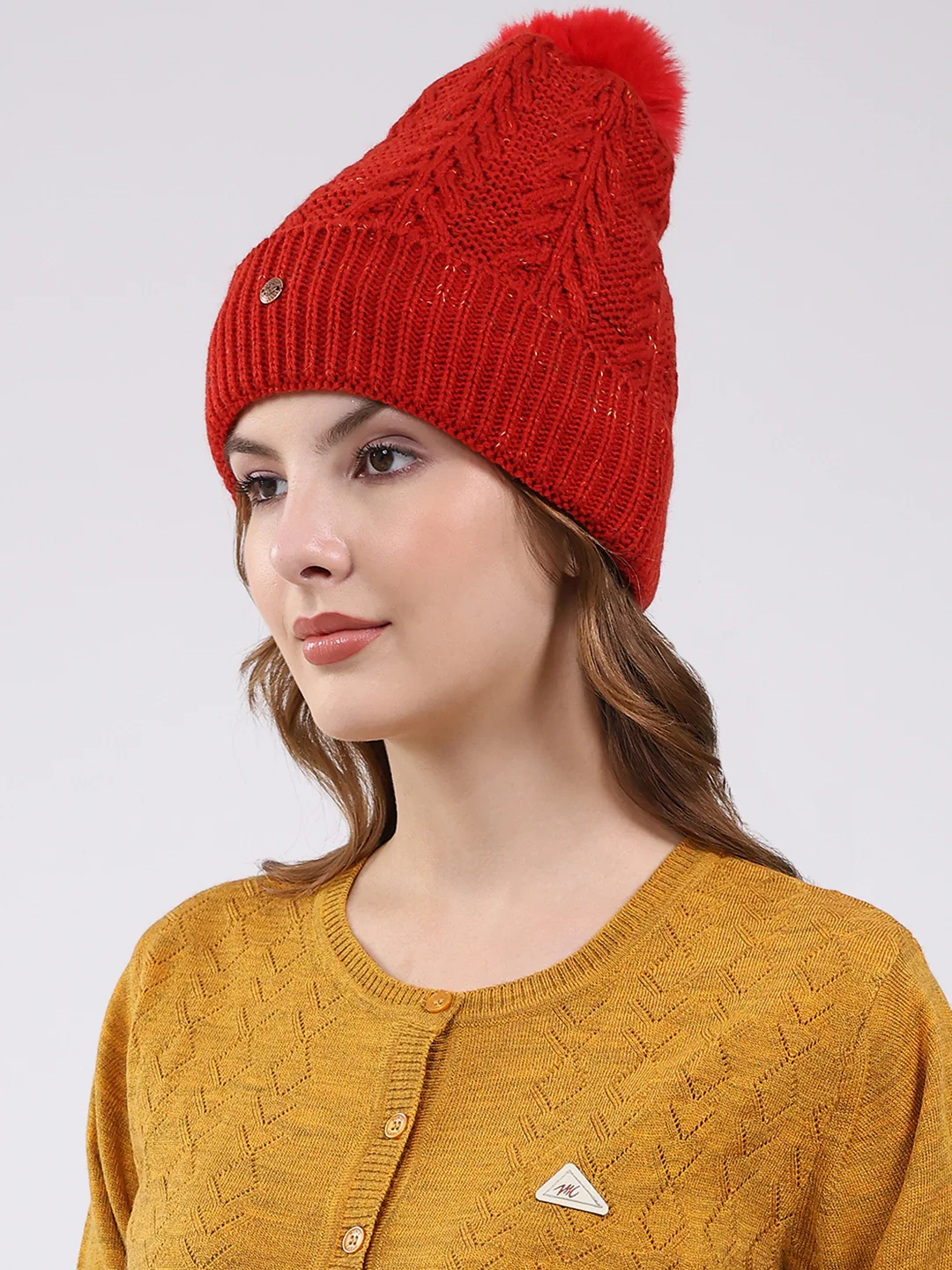 Women Red Self Design Blend Wool Cap - Image 3