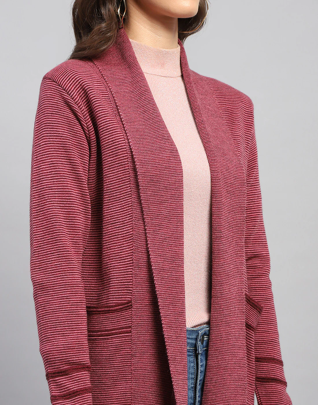 Women Red Self Design Front Open Full Sleeve Cardigan - Image 7
