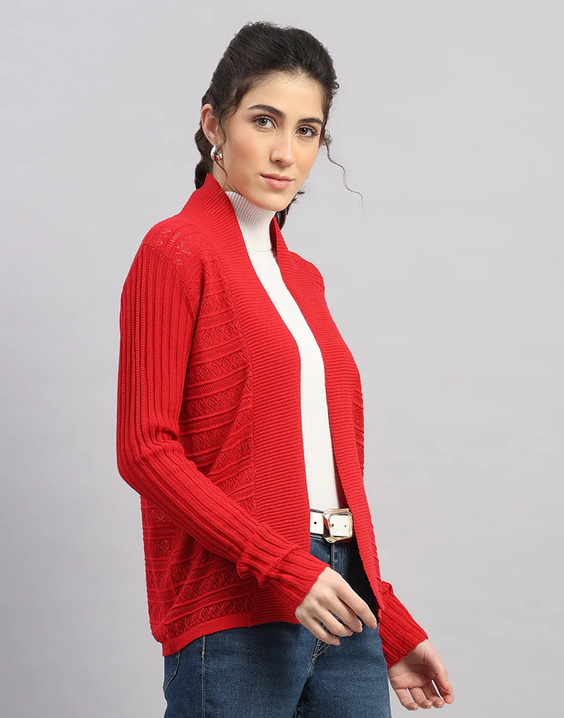 Women Red Self Design Front Open Full Sleeve Winter Top - Image 3