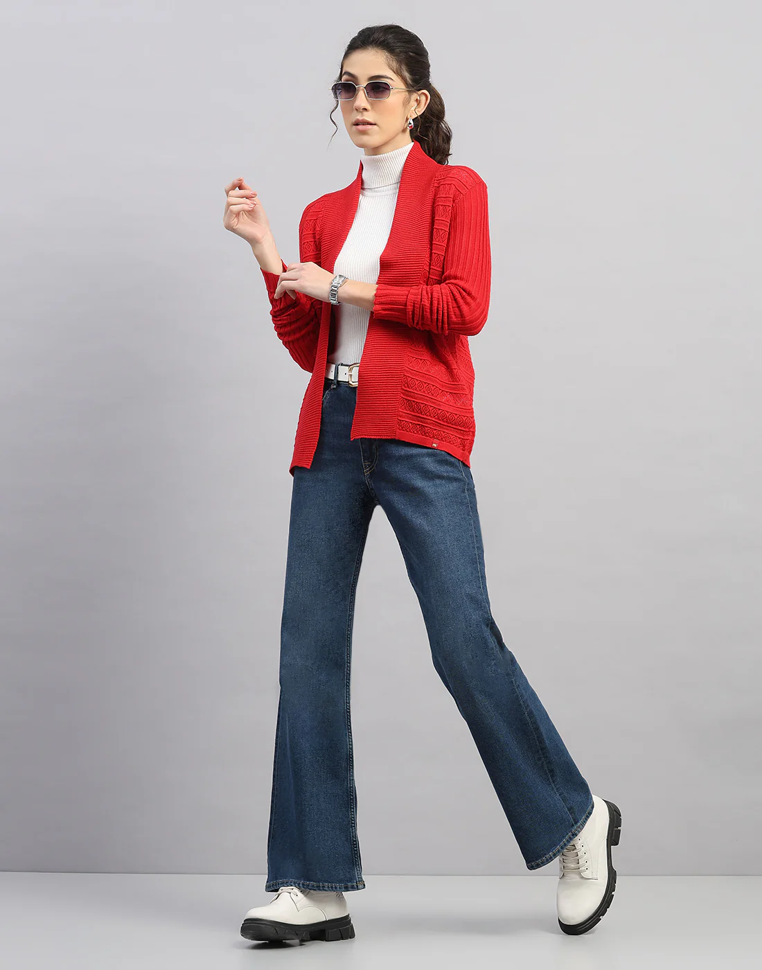 Women Red Self Design Front Open Full Sleeve Winter Top - Image 5