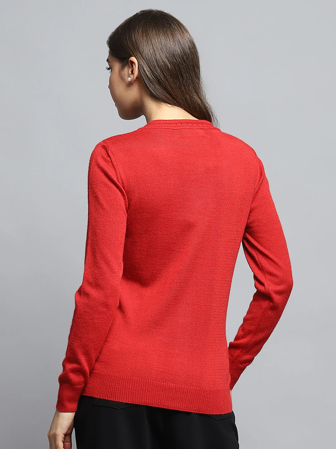 Women Red Self Design Round Neck Full Sleeve Cardigan - Image 5