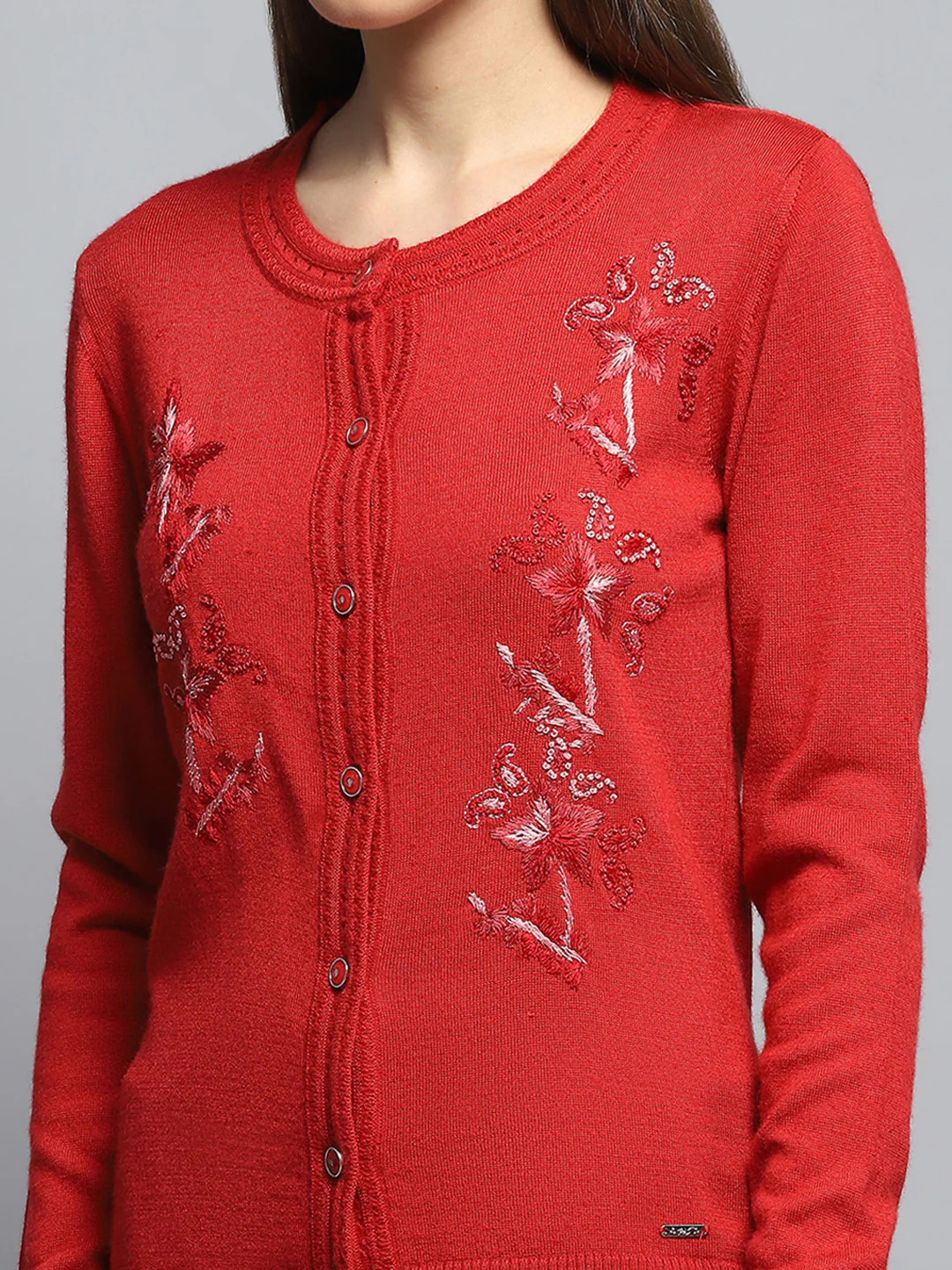 Women Red Self Design Round Neck Full Sleeve Cardigan - Image 6