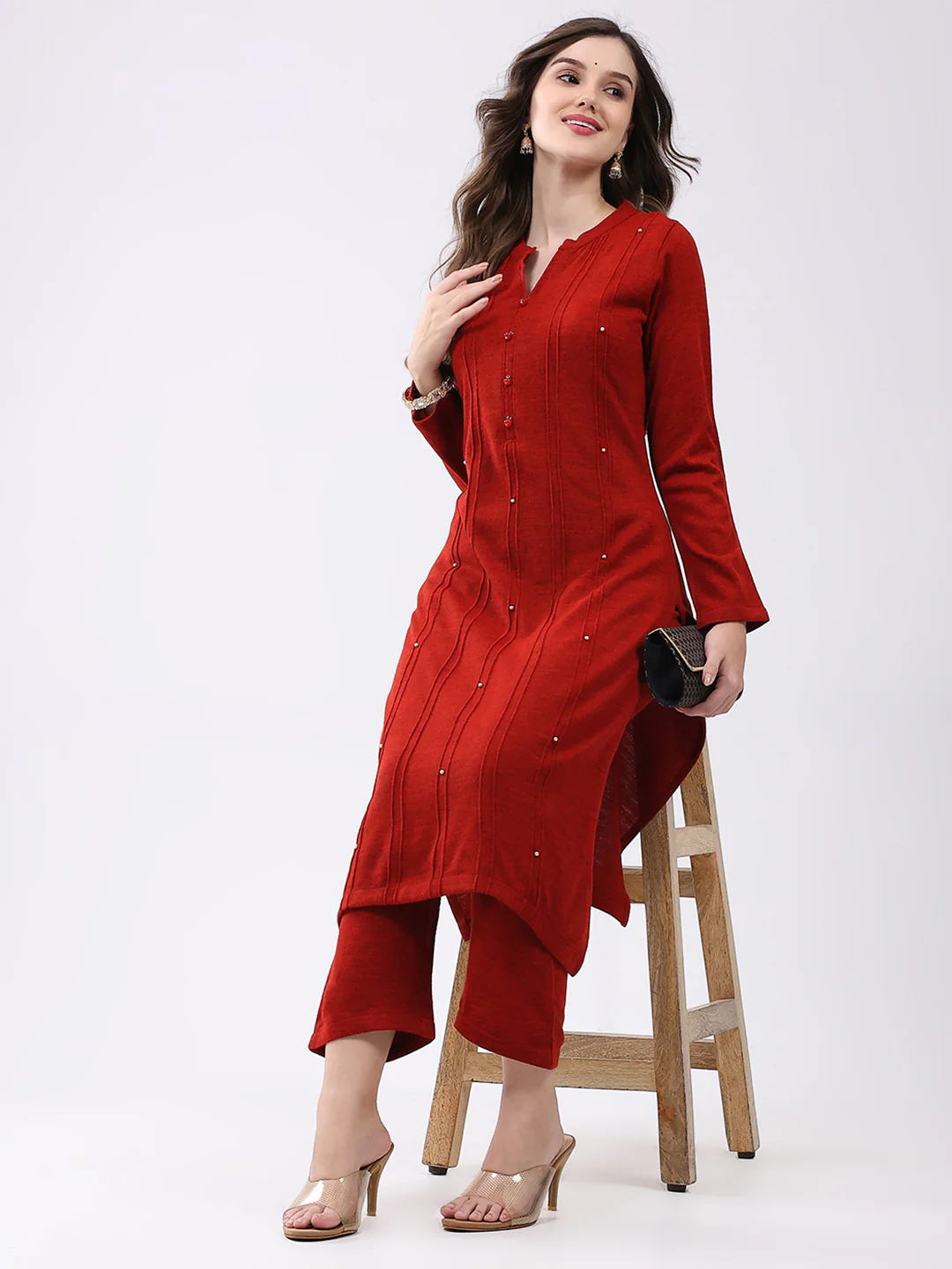 Women Red Self Design Round Neck Full Sleeve Kurti Set for Winter - Image 2