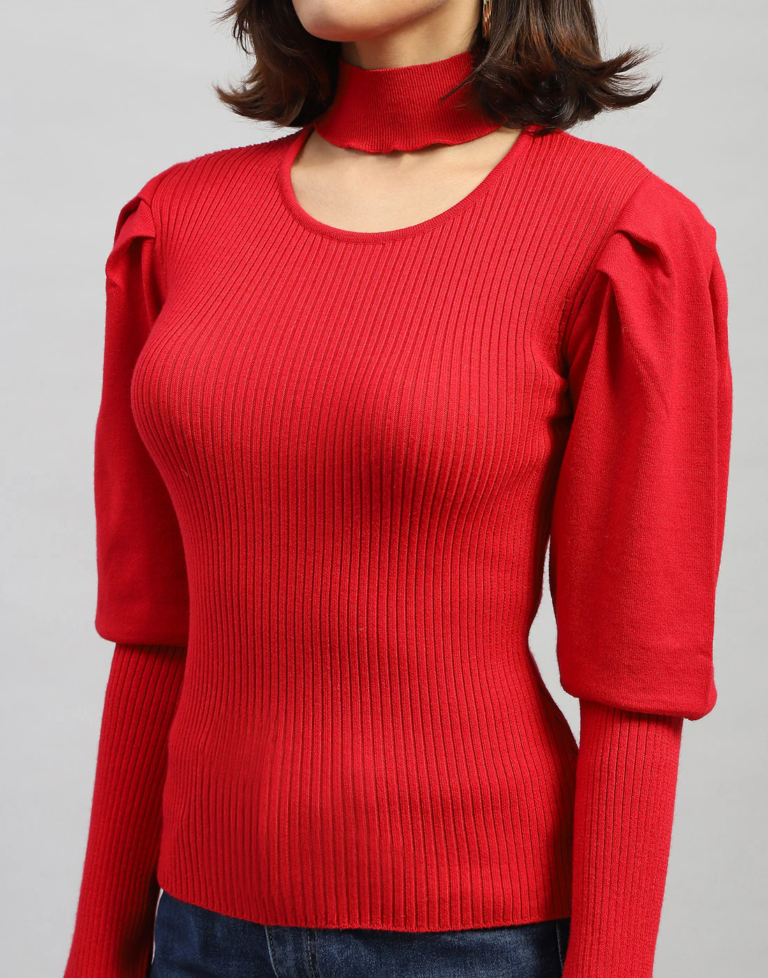 Women Red Self Design Round Neck Full Sleeve Sceavy - Image 7