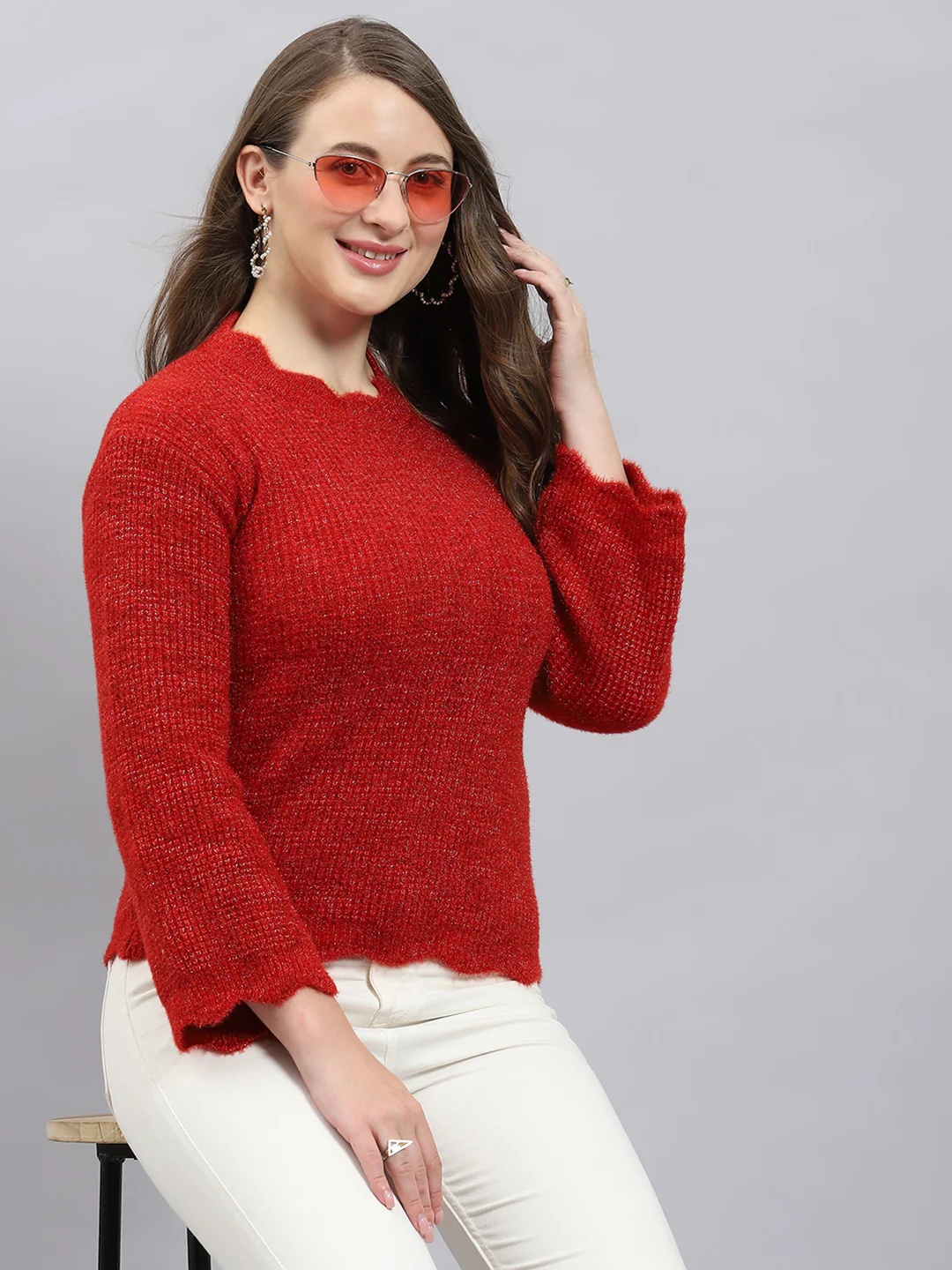 Women Red Self Design Round Neck Full Sleeve Winter Tops - Image 6