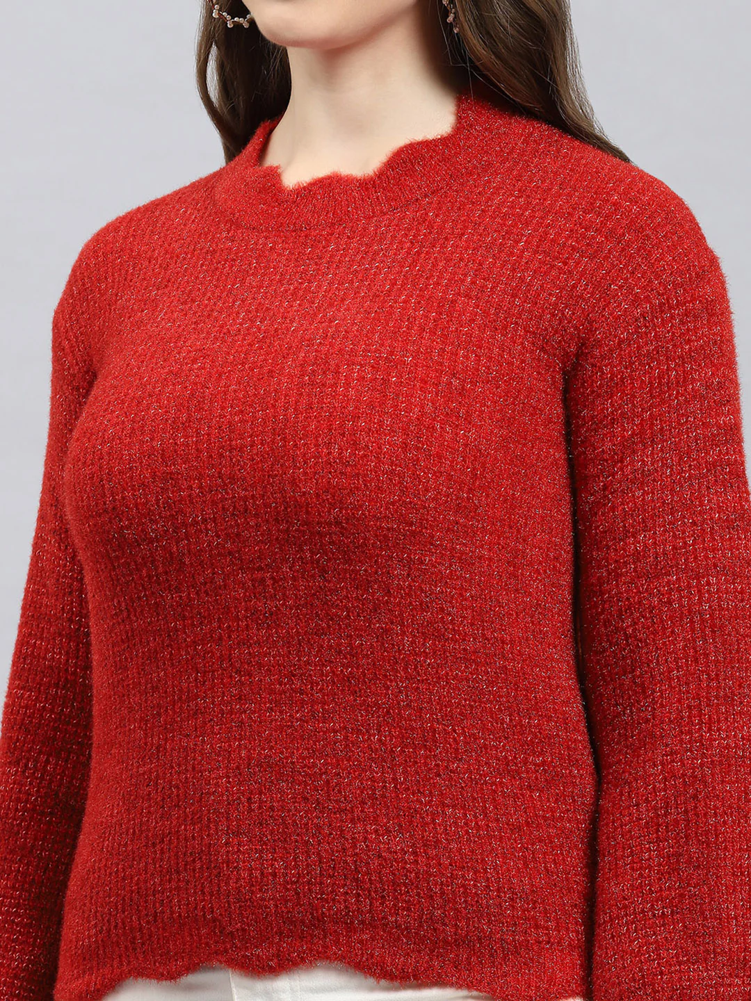 Women Red Self Design Round Neck Full Sleeve Winter Tops - Image 7