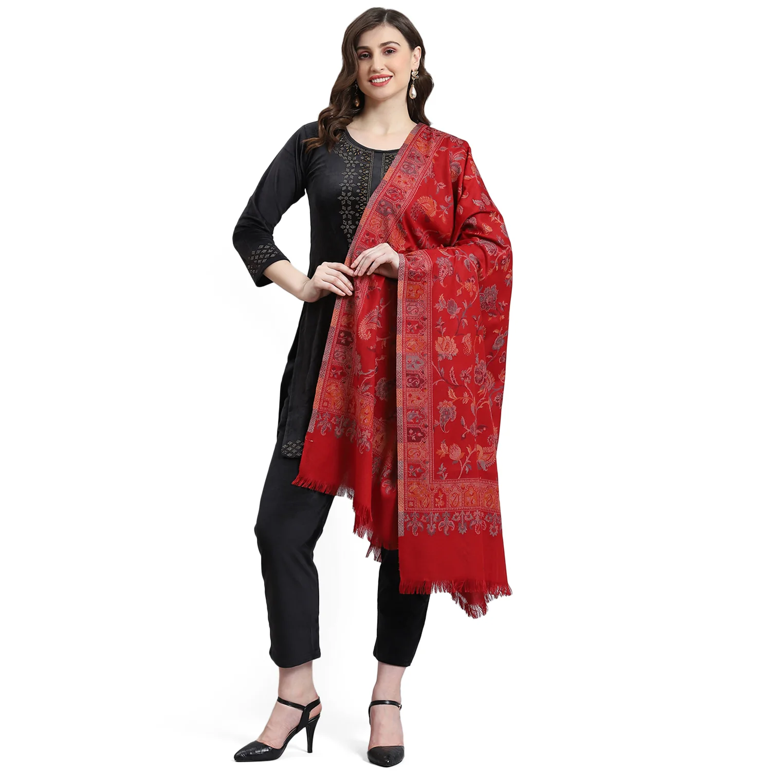 Women Red Self Design Shawl - Image 5