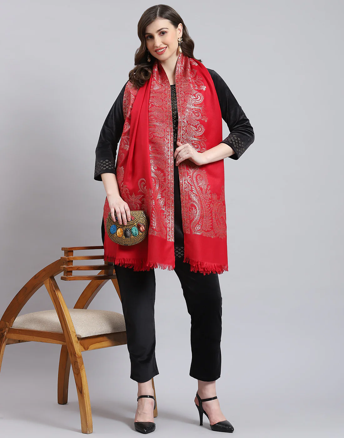 Women Red Self Design Shawl - Image 2