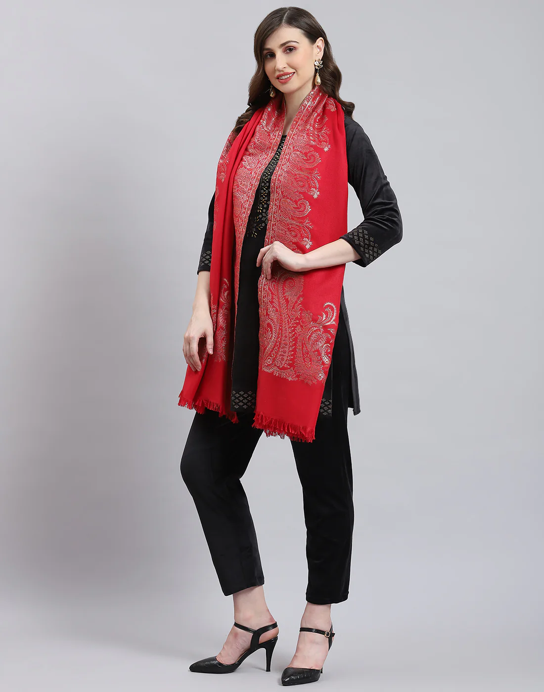 Women Red Self Design Shawl - Image 4