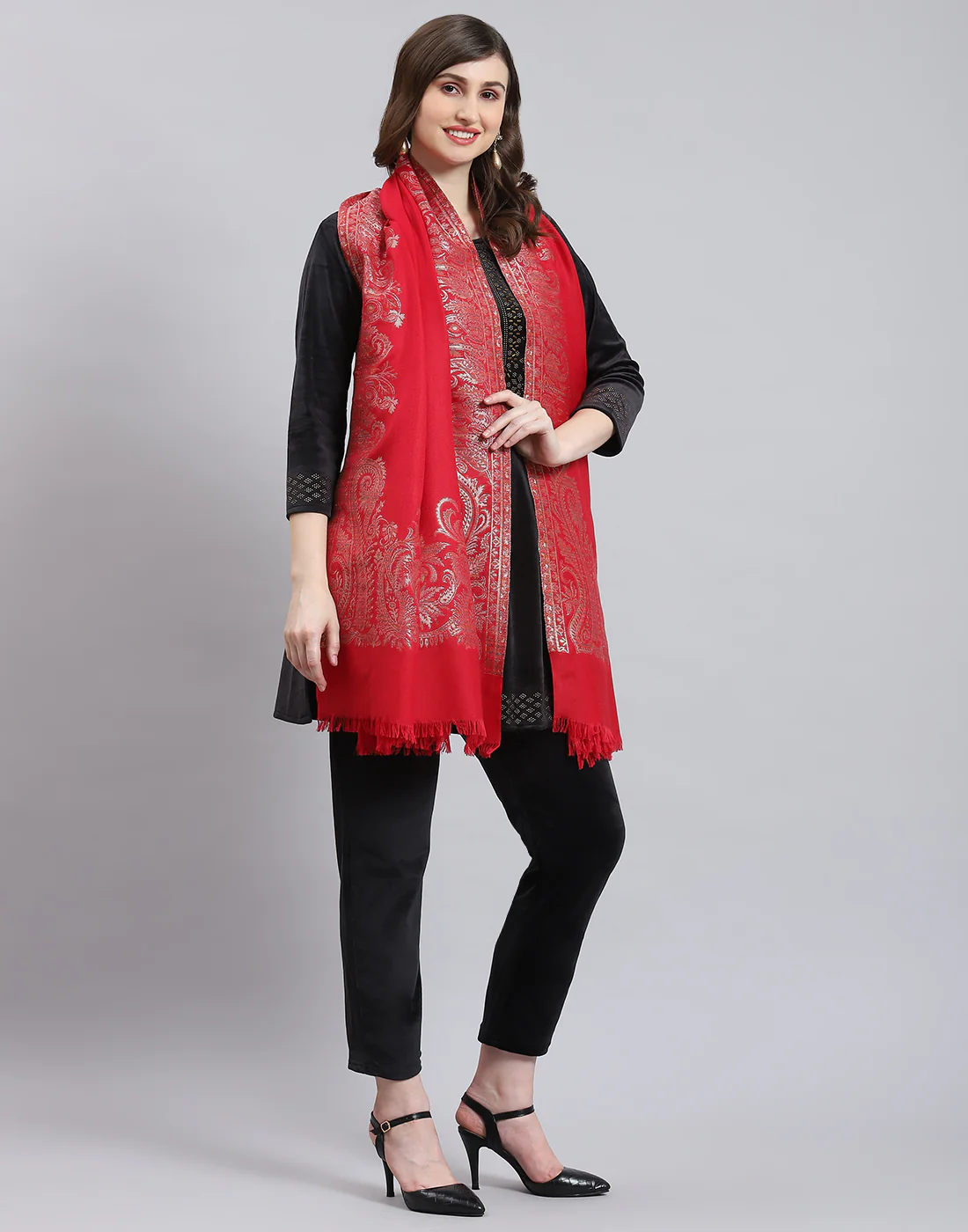 Women Red Self Design Shawl - Image 5