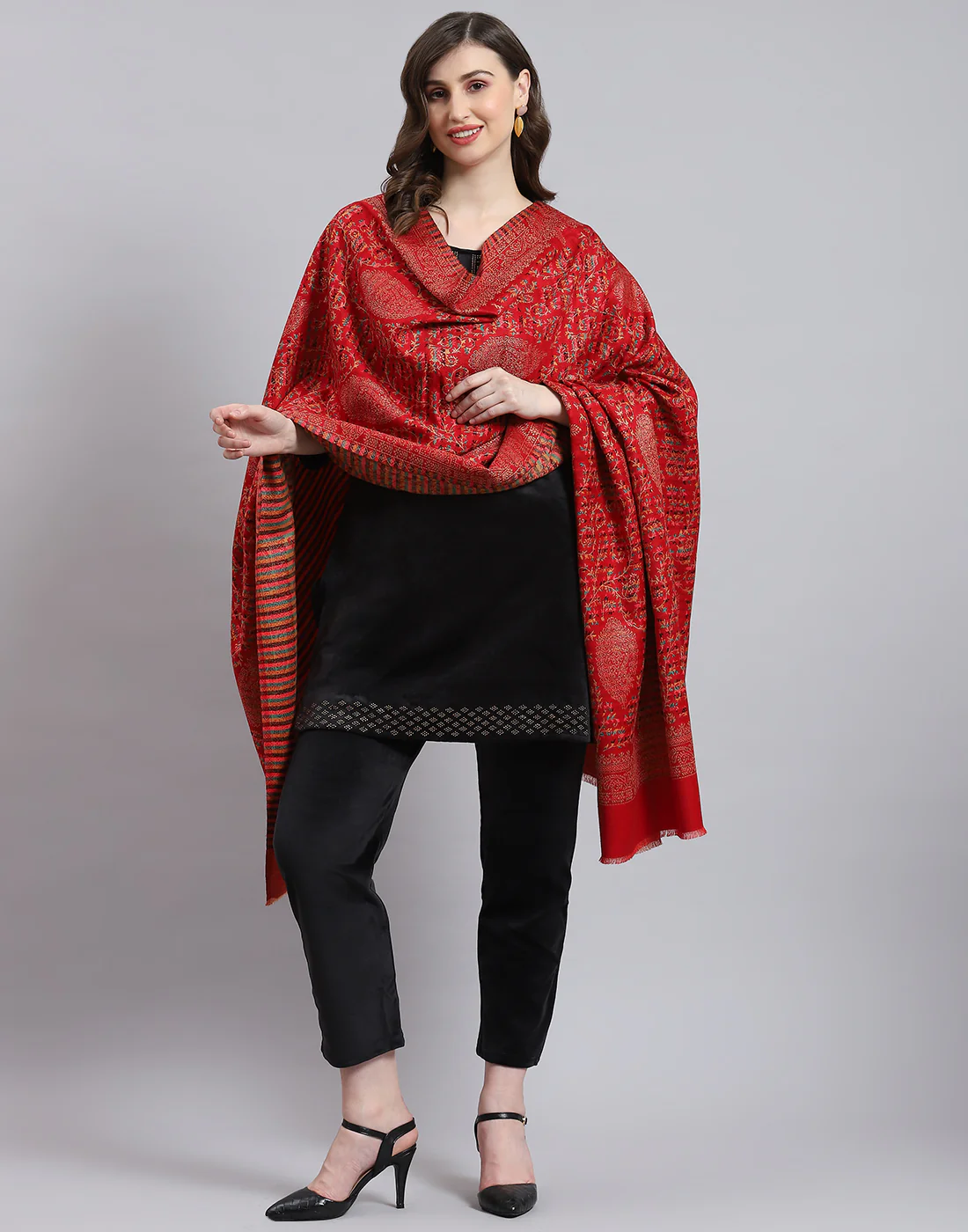 Women Red Self Design Shawl - Image 2