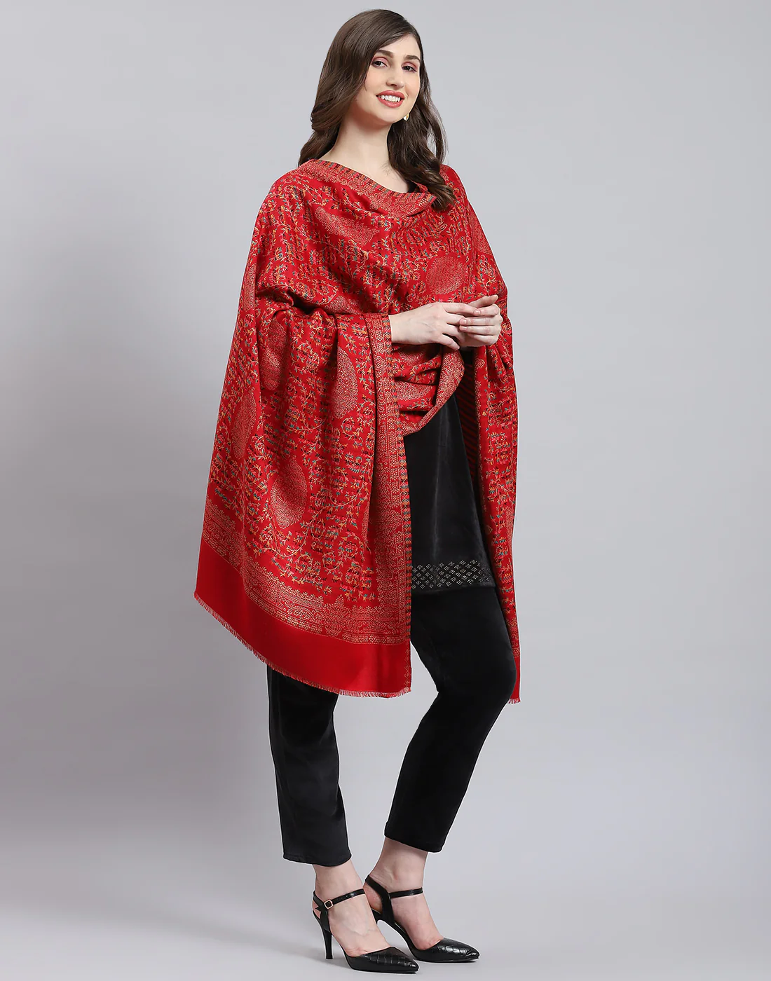 Women Red Self Design Shawl - Image 4