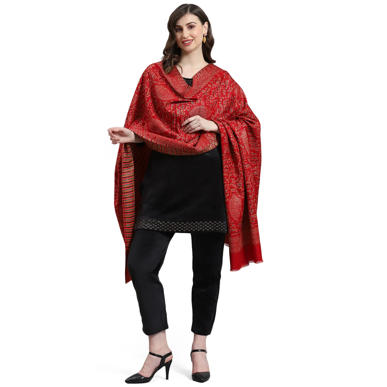 Women Red Self Design Shawl - Image 5