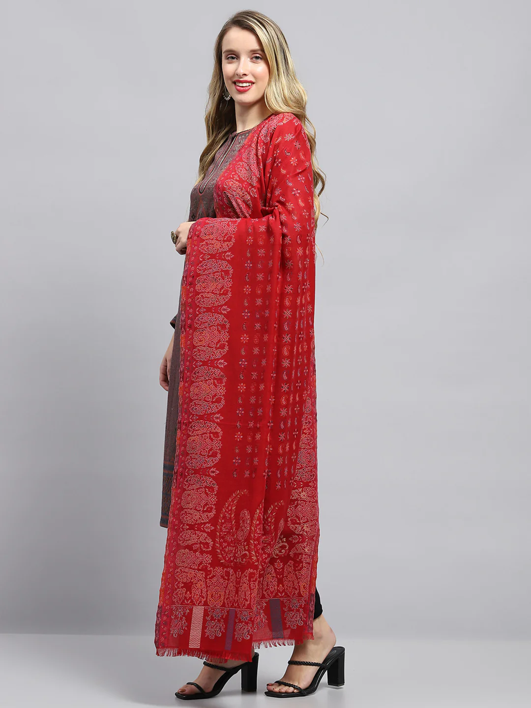 Women Red Self Design Shawl - Image 3
