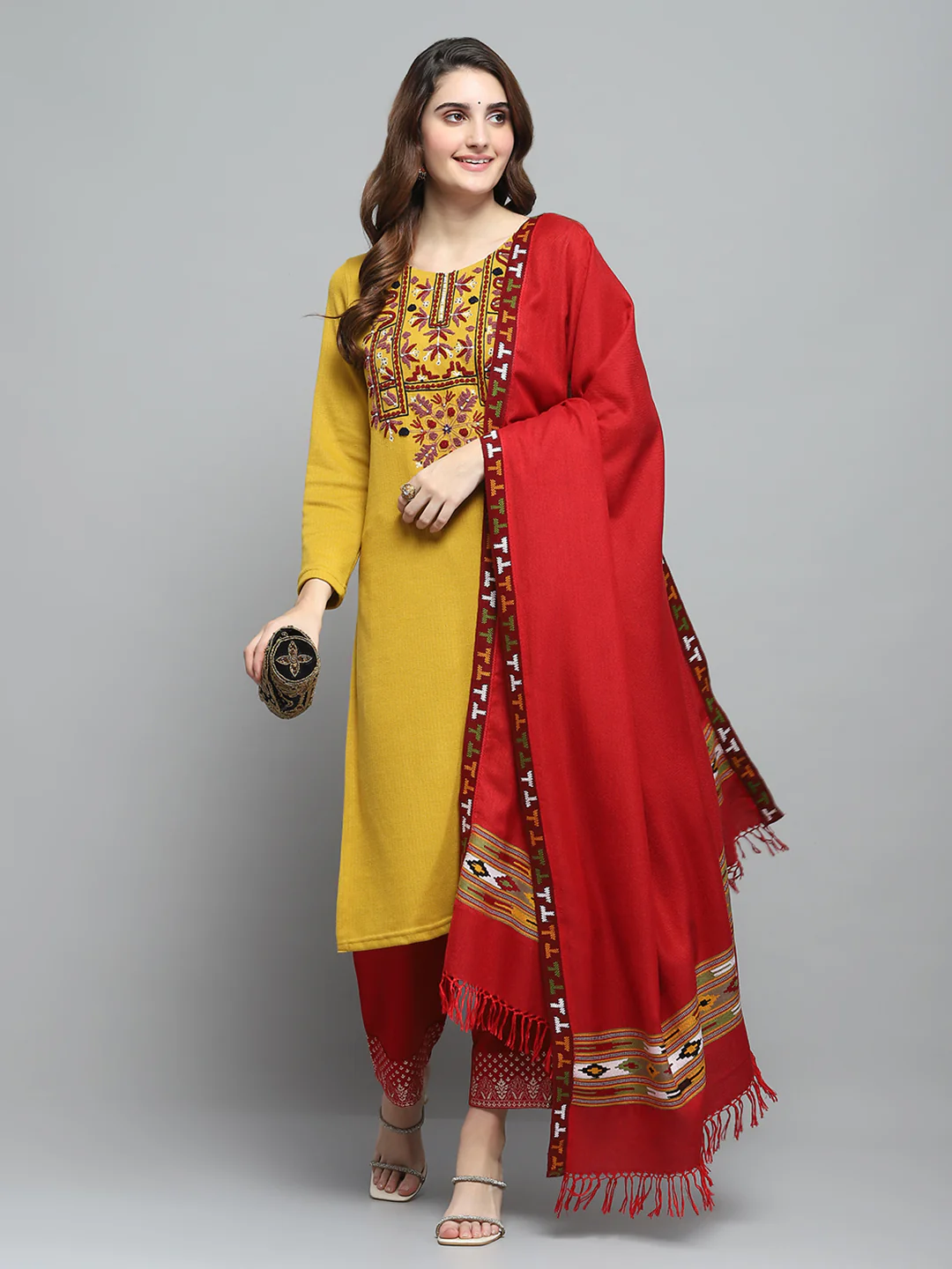 Women Red Self Design Shawl - Image 2