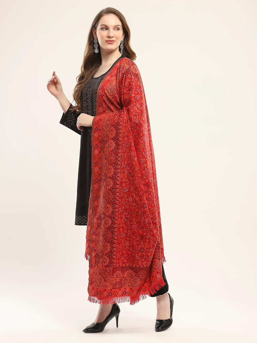 Women Red Self Design Shawl - Image 3