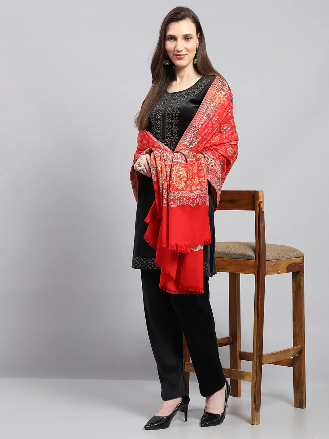 Women Red Self Design Shawl - Image 2