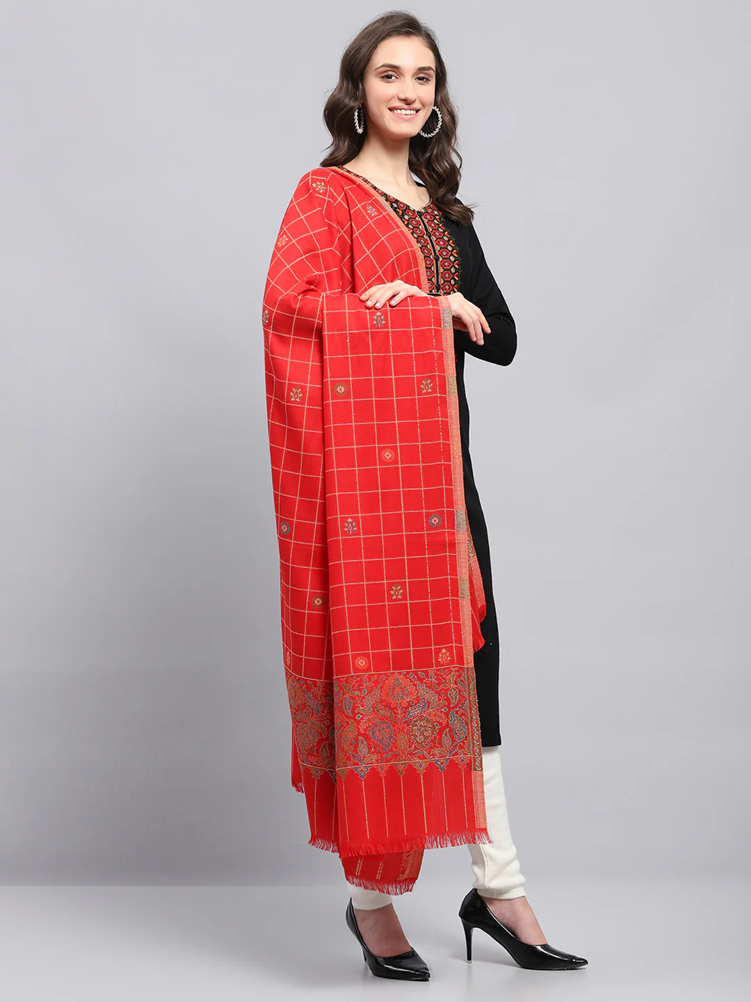 Women Red Self Design Shawl - Image 4