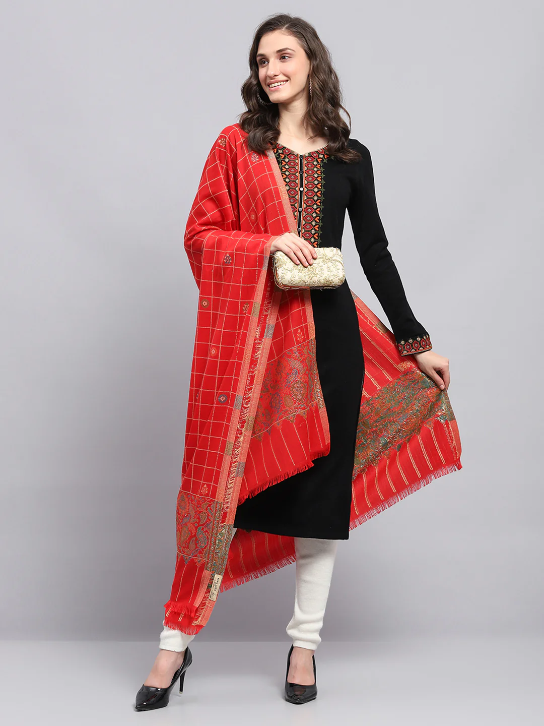 Women Red Self Design Shawl - Image 5