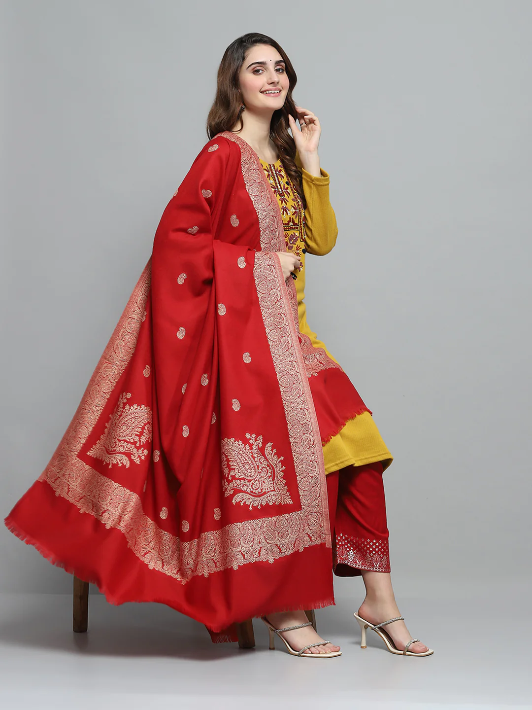 Women Red Self Design Shawl - Image 2