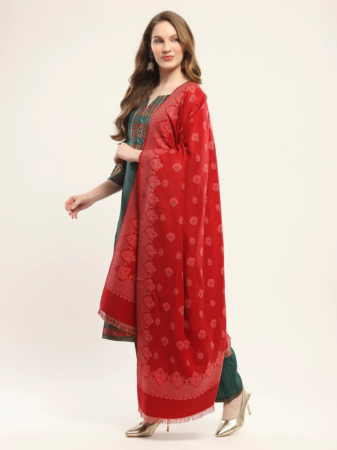 Women Red Self Design Shawl - Image 3
