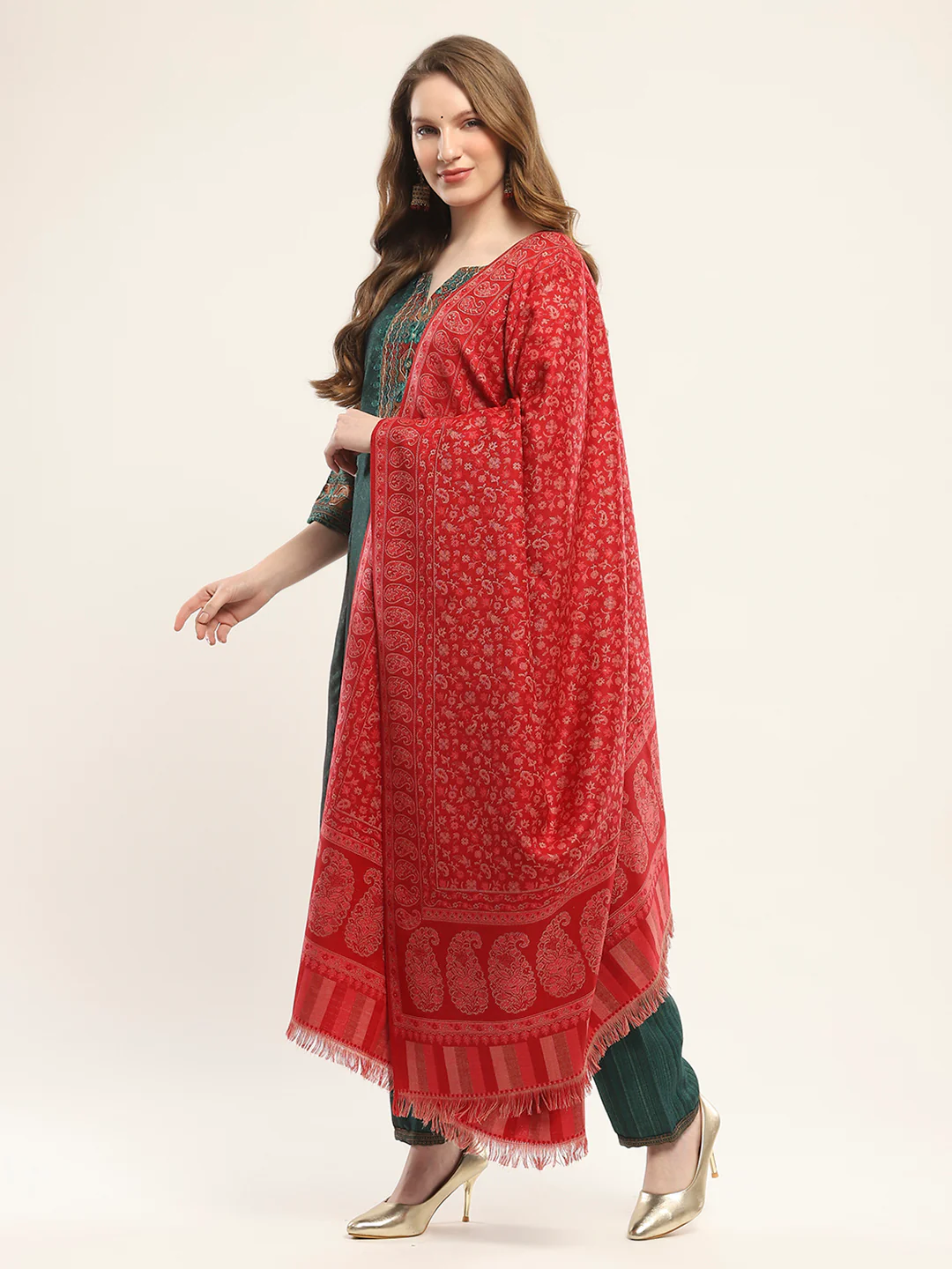Women Red Self Design Shawl - Image 3