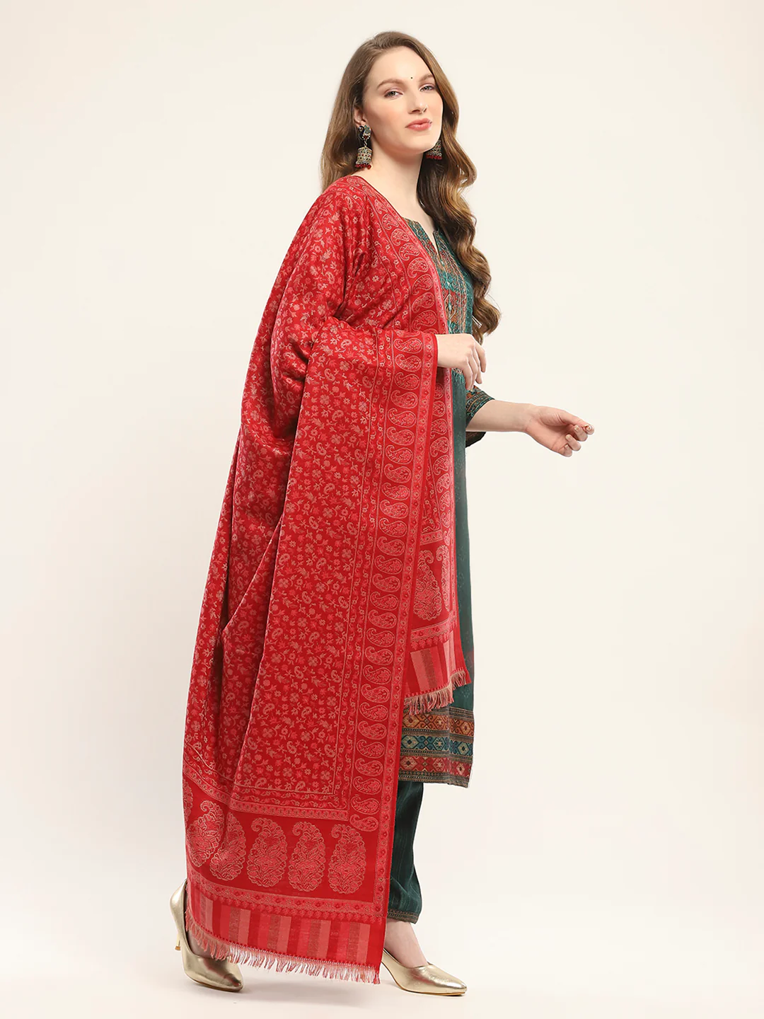 Women Red Self Design Shawl - Image 4