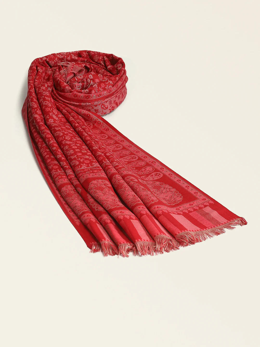 Women Red Self Design Shawl - Image 5