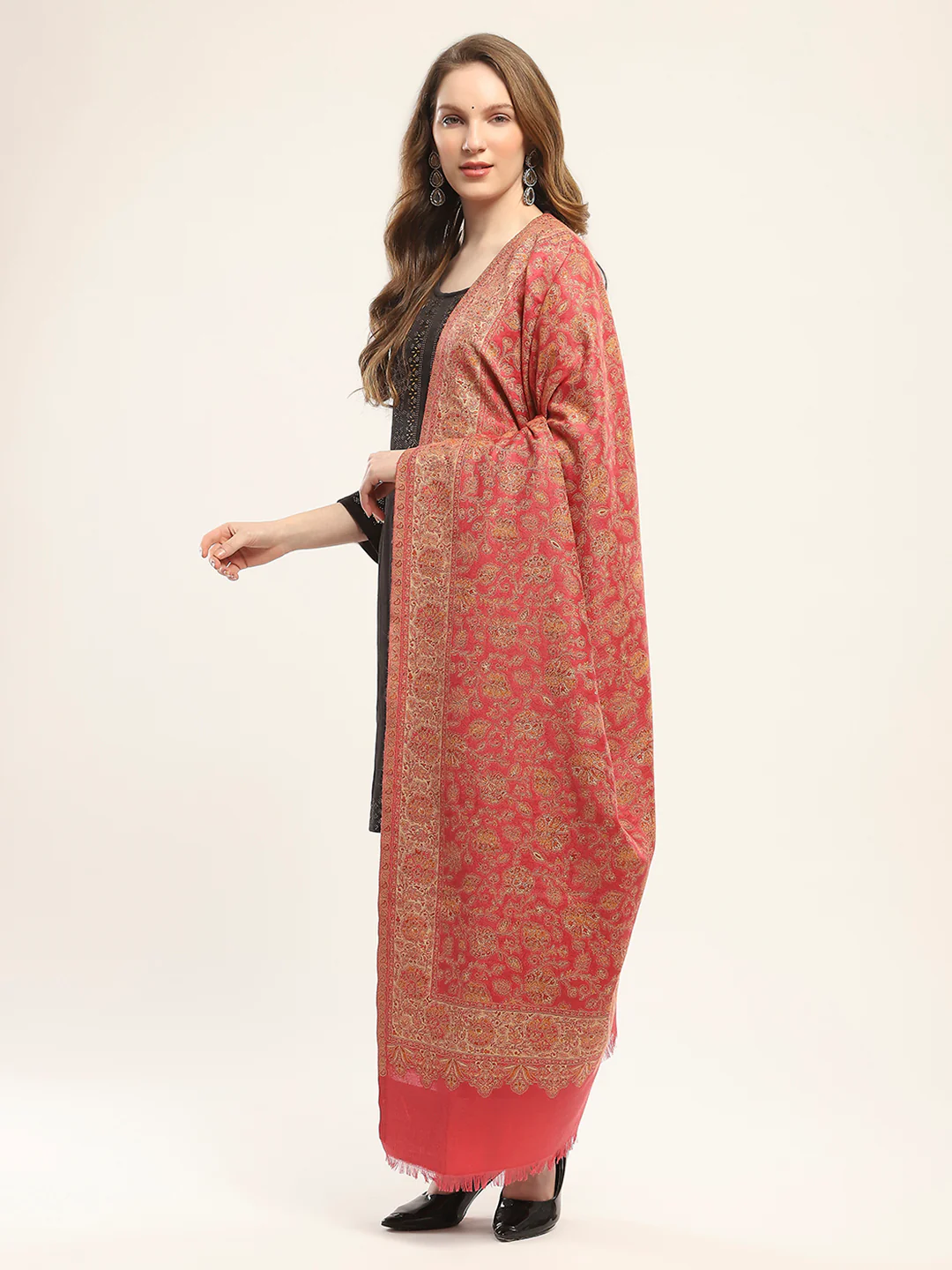 Women Red Self Design Shawl - Image 3