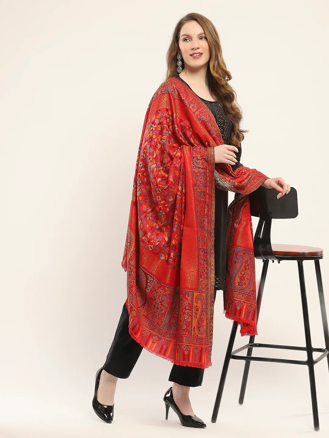Women Red Self Design Shawl - Image 2