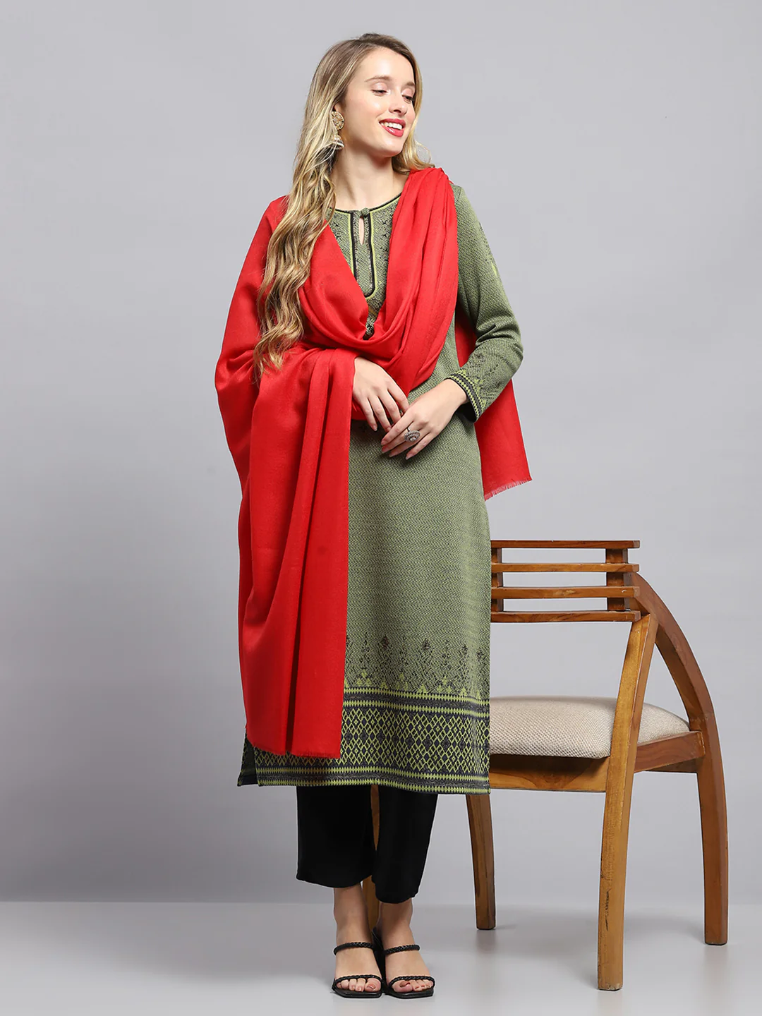 Women Red Self Design Shawl - Image 5