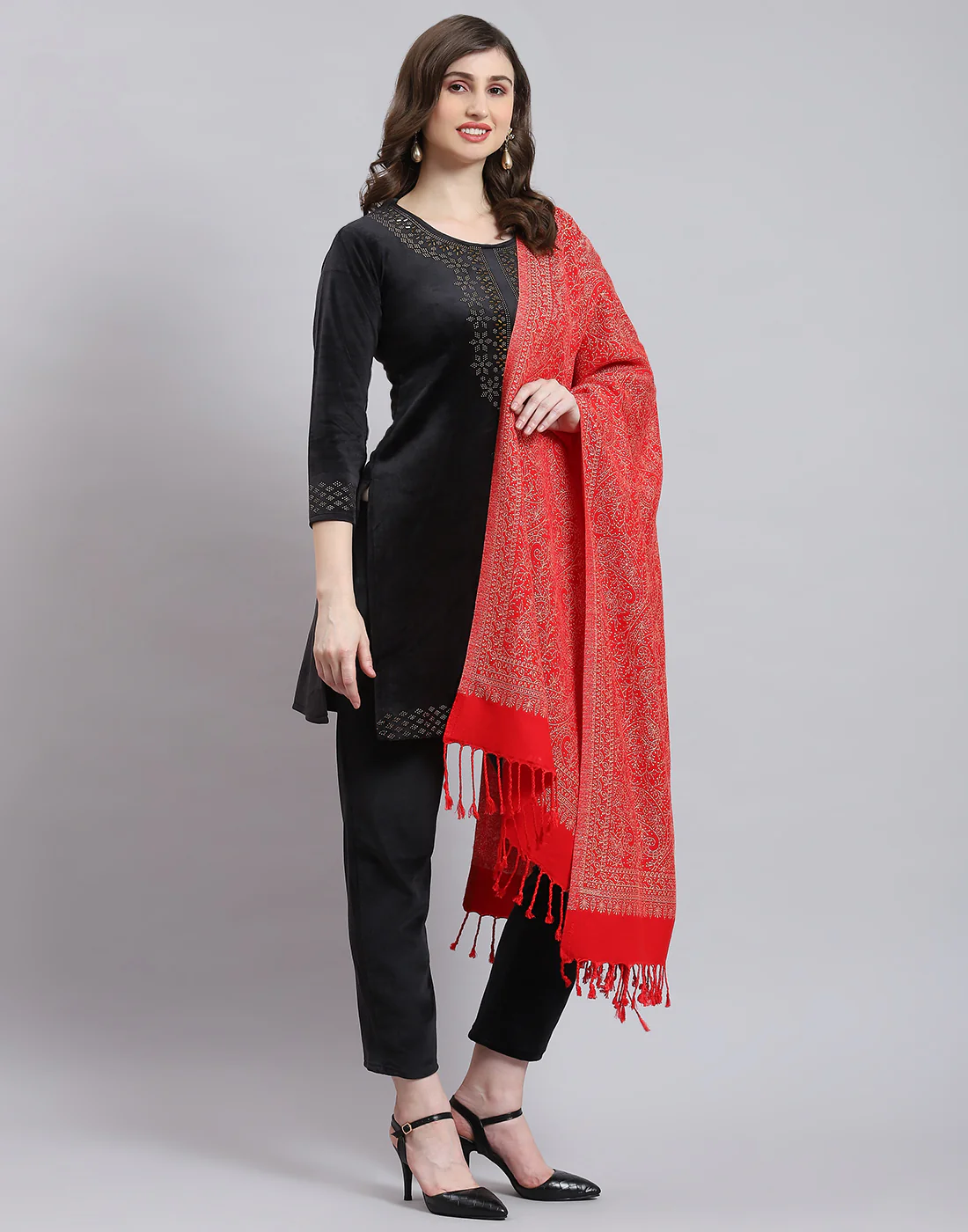 Women Red Self Design Stole - Image 4