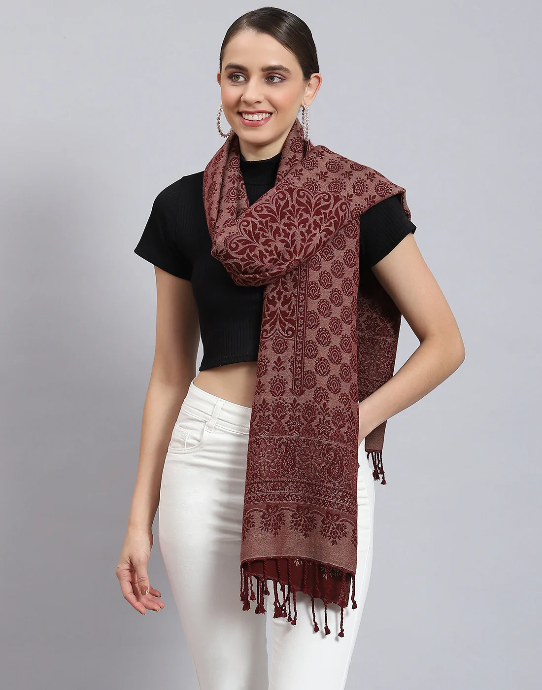 Women Red Self Design Stole - Image 3