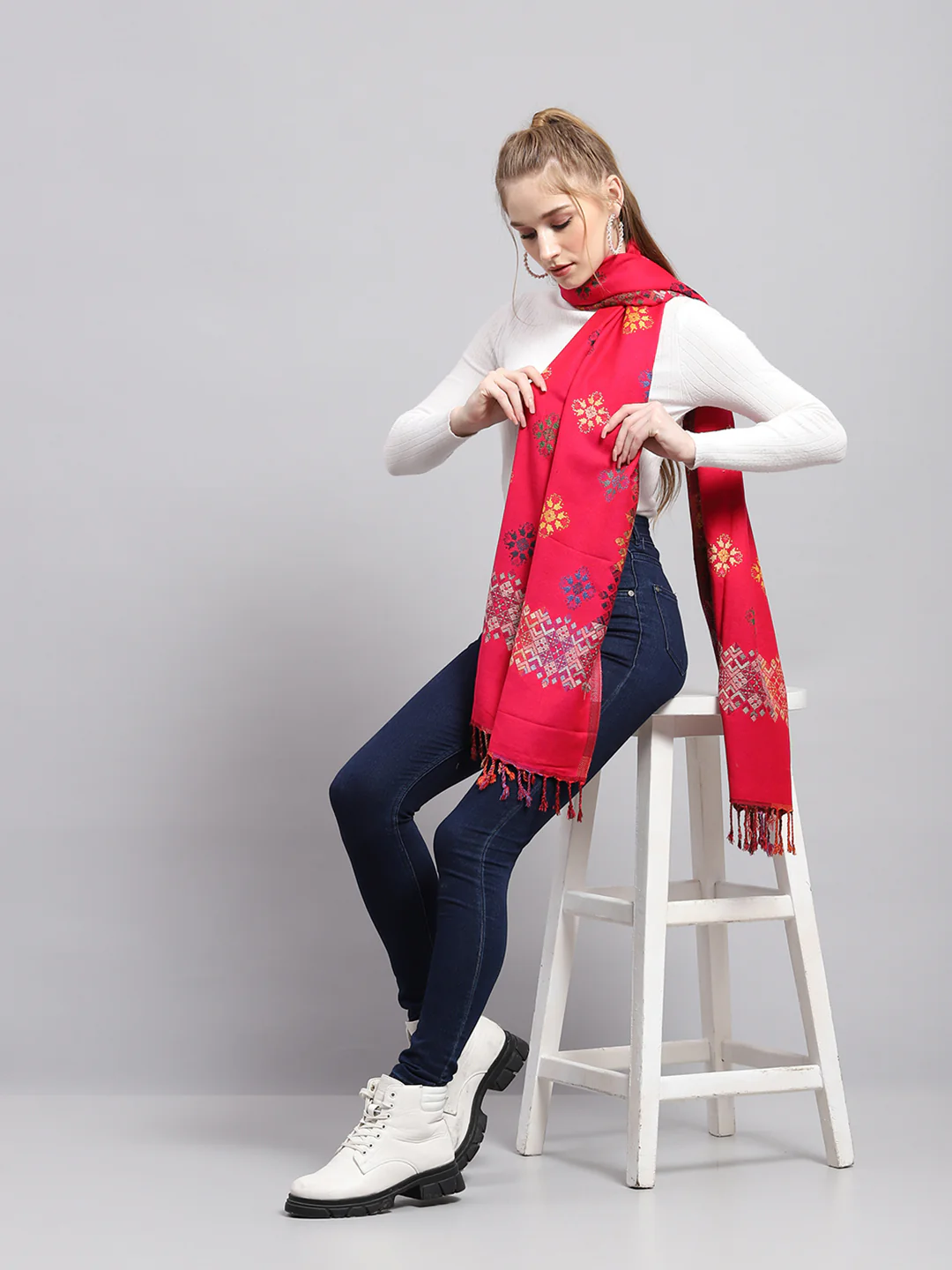 Women Red Self Design Stole - Image 2