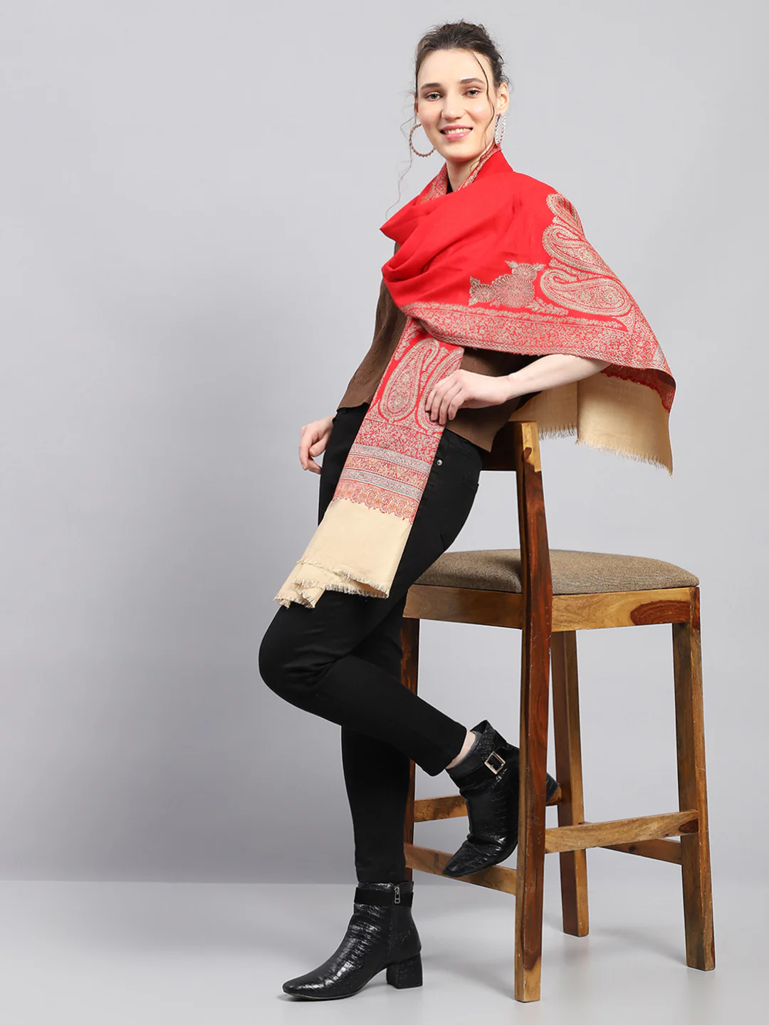 Women Red Self Design Stole - Image 2