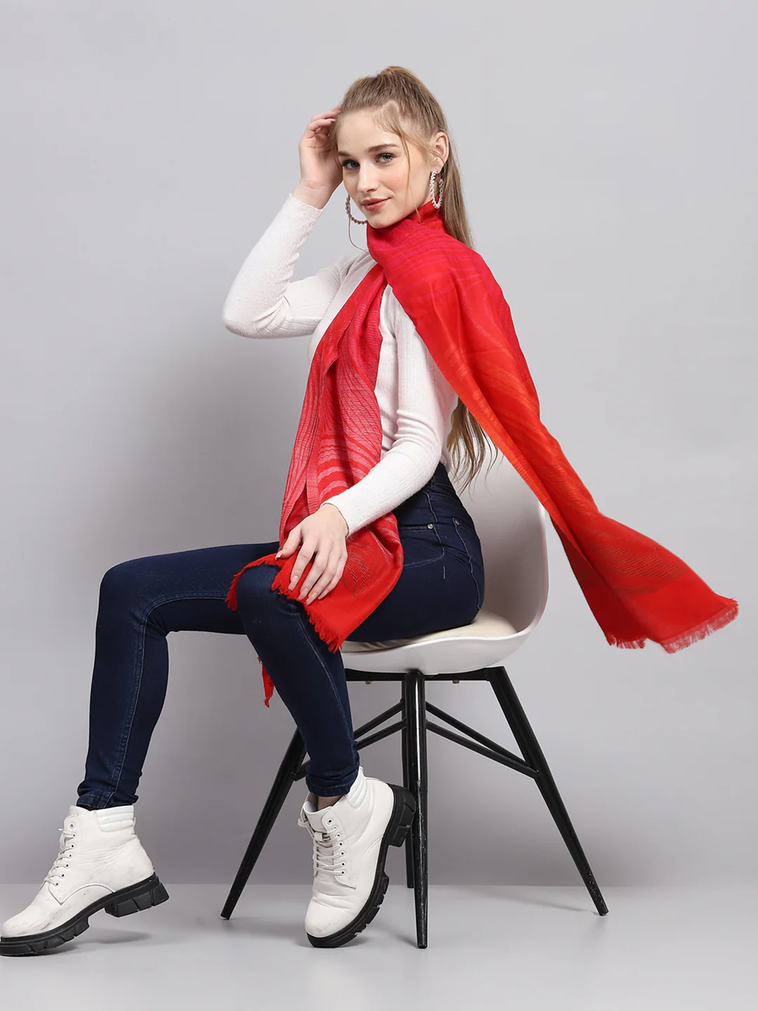 Women Red Self Design Stole - Image 2