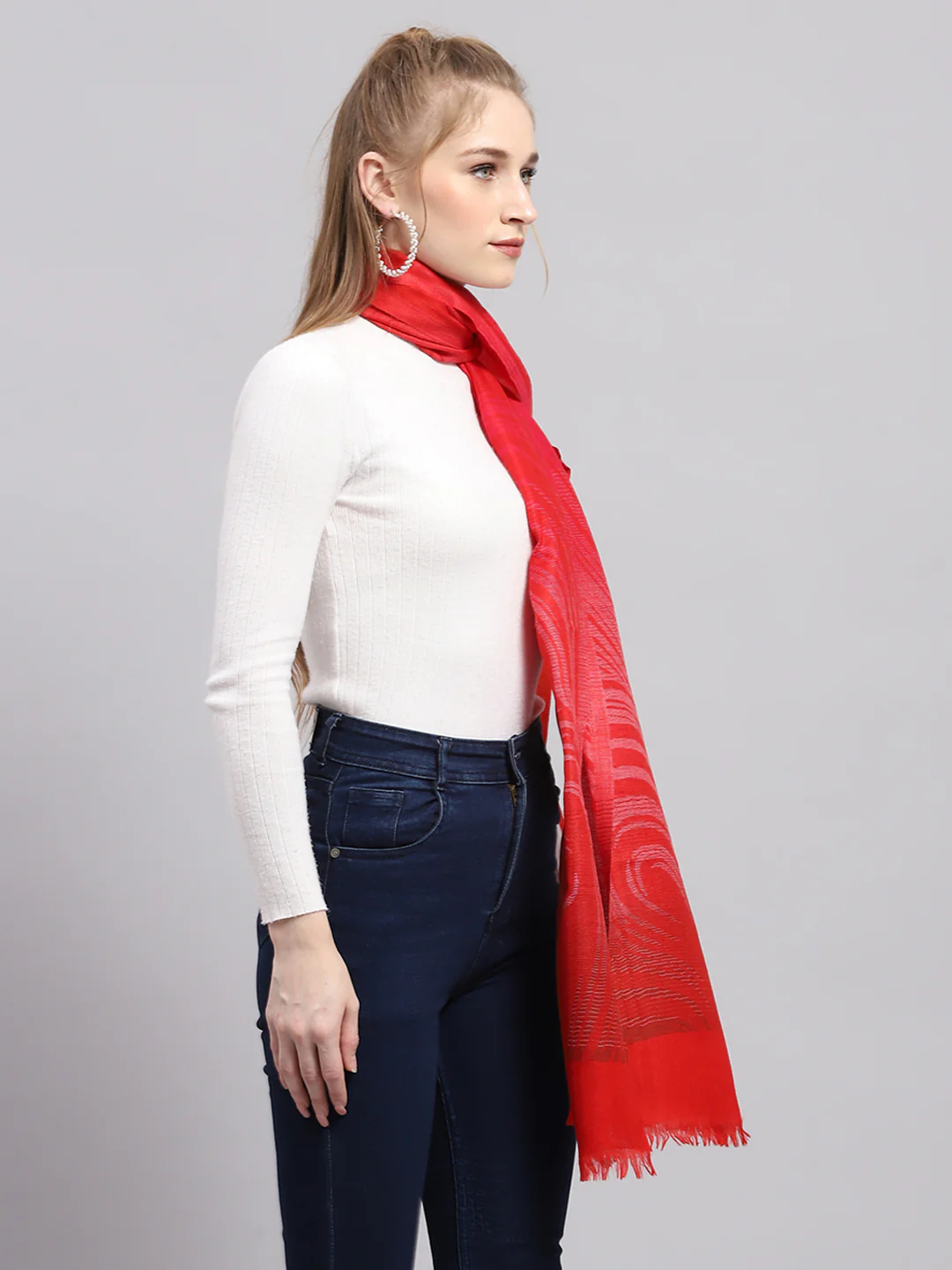 Women Red Self Design Stole - Image 5